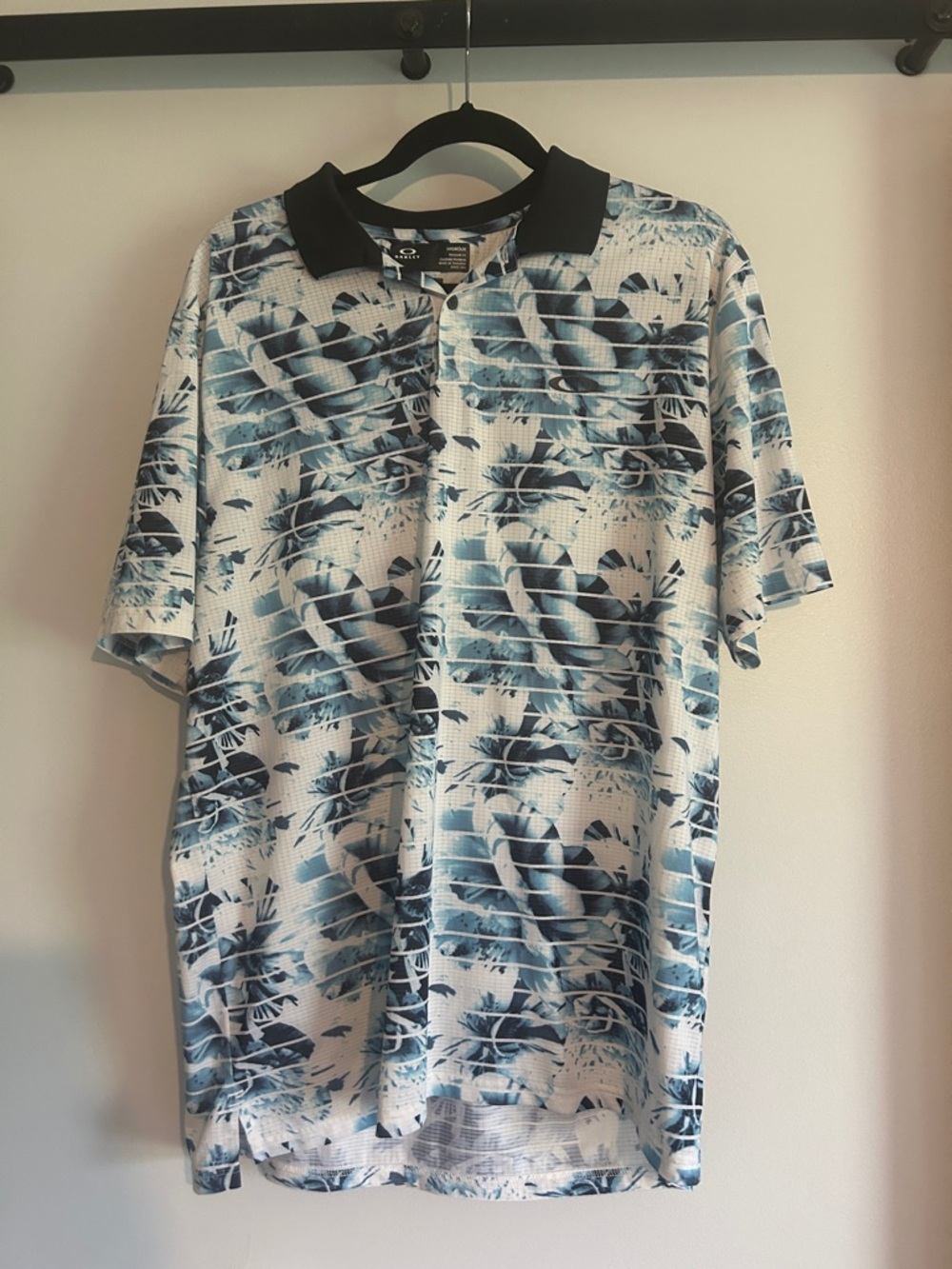 Oakley Blue Floral Golf Polo Shirt with Black Collar